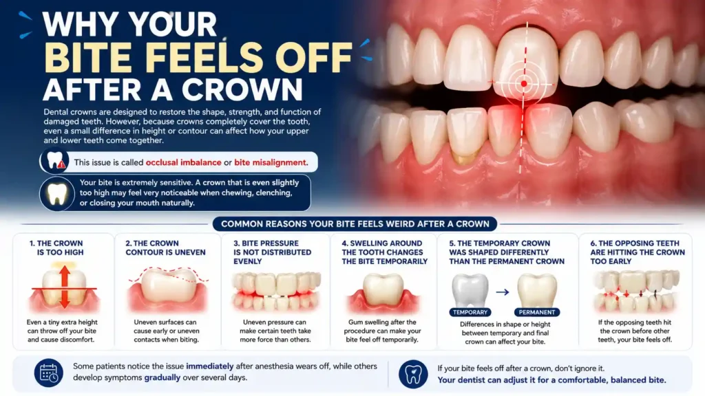 Infographic explaining why a dental crown can make your bite feel off, featuring a close-up of misaligned teeth with a dental crown and common causes like high crown placement, uneven bite pressure, swelling, and temporary crown differences.