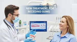 A dentist explaining modern treatment for receding gums to a smiling patient in a bright dental clinic, showing gum health improvement on a digital screen with the heading “New Treatment for Receding Gums.”