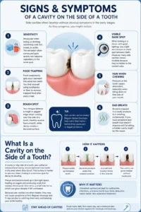 A cavity on the side of a tooth can start as mild sensitivity but quickly turn into serious tooth pain, infection, or even tooth loss if left untreated. Because these cavities form between teeth where they are difficult to see, many people don’t notice the problem until the decay becomes advanced.