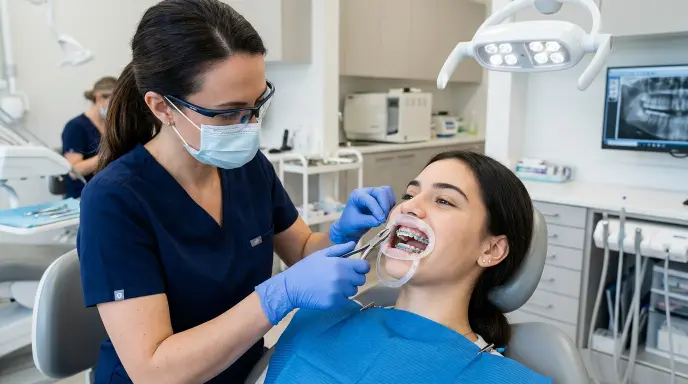 Orthodontist adjusting metal braces on patient teeth in a modern dental clinic during treatment