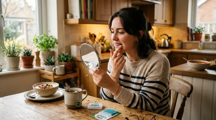 Person applying orthodontic wax on braces at home with soft foods for pain relief after dental treatment