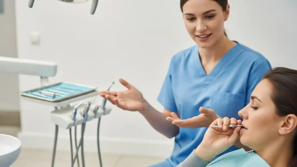Patient practicing deep breathing in a dental chair while dentist calmly explains the procedure, showing relaxation and trust during the visit.