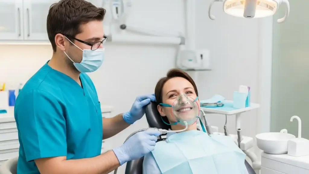 Adult patient receiving nitrous oxide sedation at a dental clinic, smiling and relaxed while dentist monitors care in a calm, comfortable environment.