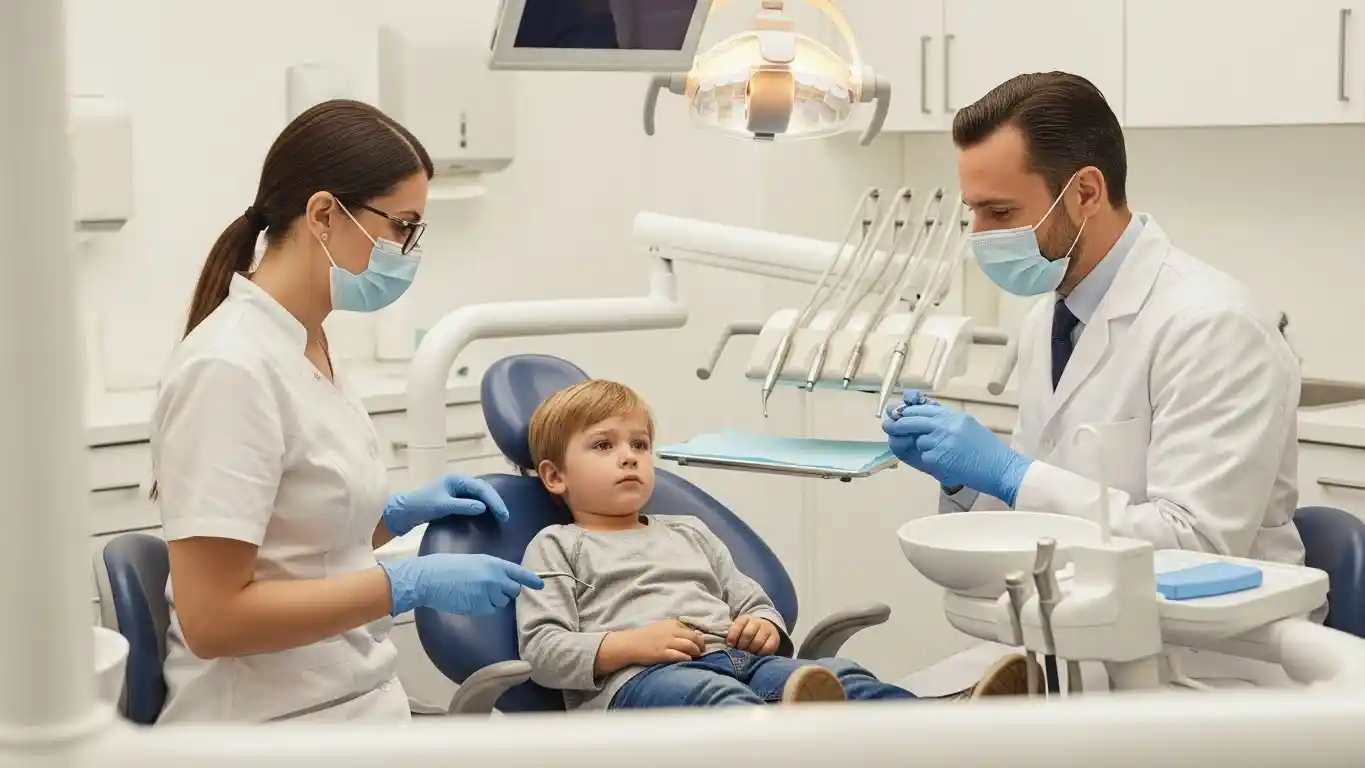 A child at the dentist smiling while a parent stands nearby, showing a positive and comfortable dental experience.
