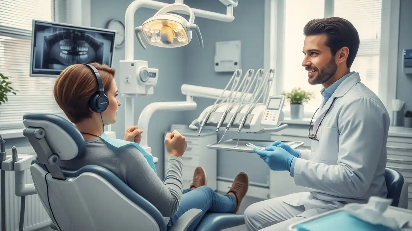 A nervous adult patient sitting in a dental chair while the dentist explains the procedure in a calm, reassuring manner