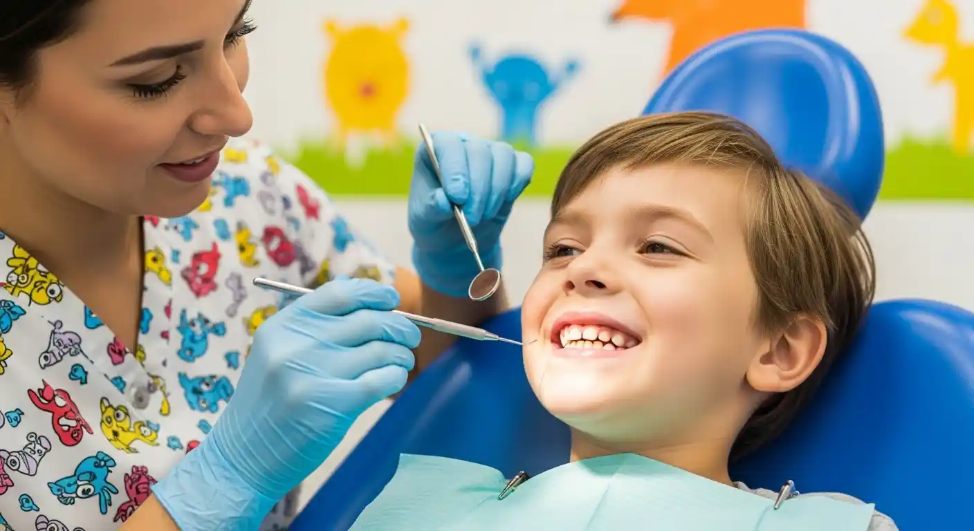 Pediatric dentist gently examining young child's teeth in Mesa Arizona dental clinic demonstrating safe dental care for children