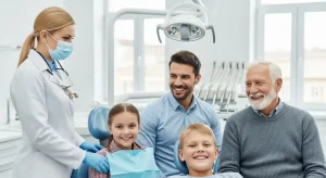 Multi-generational dental care showing child, adult, and senior patients with dentist in Mesa Arizona clinic