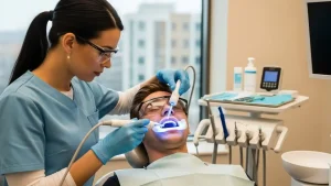 Dentist performing professional teeth whitening on a patient in a modern dental clinic