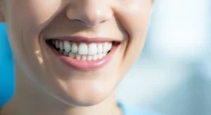 Close-up of a bright white smile showing healthy teeth after professional teeth whitening