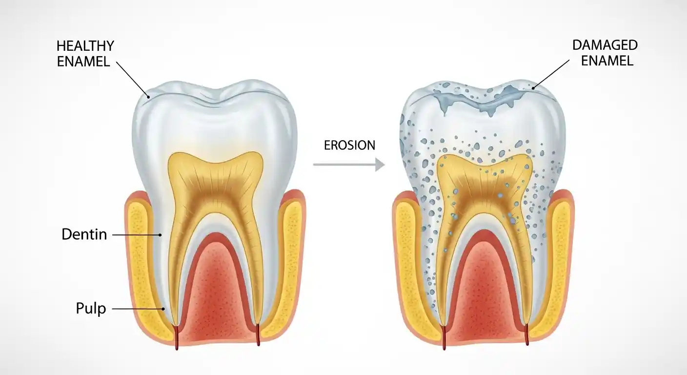Comparison of healthy tooth enamel and damaged enamel caused by improper whitening