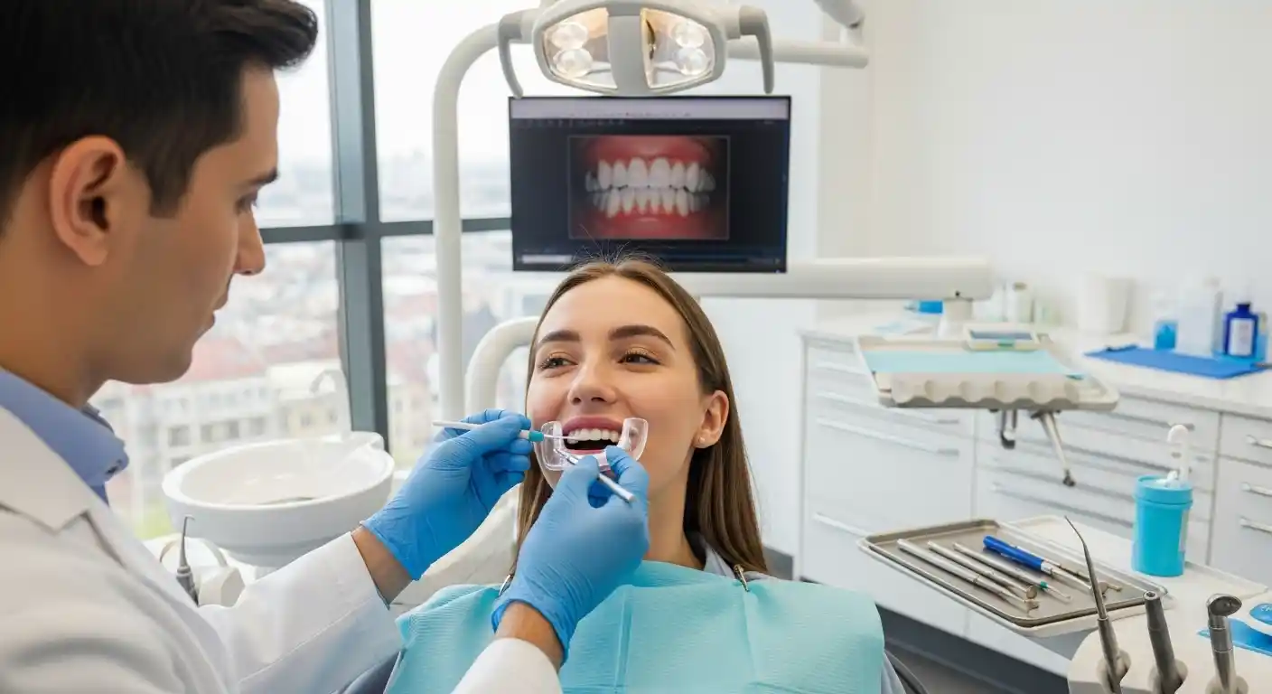Dentist performing professional teeth whitening treatment in a dental office