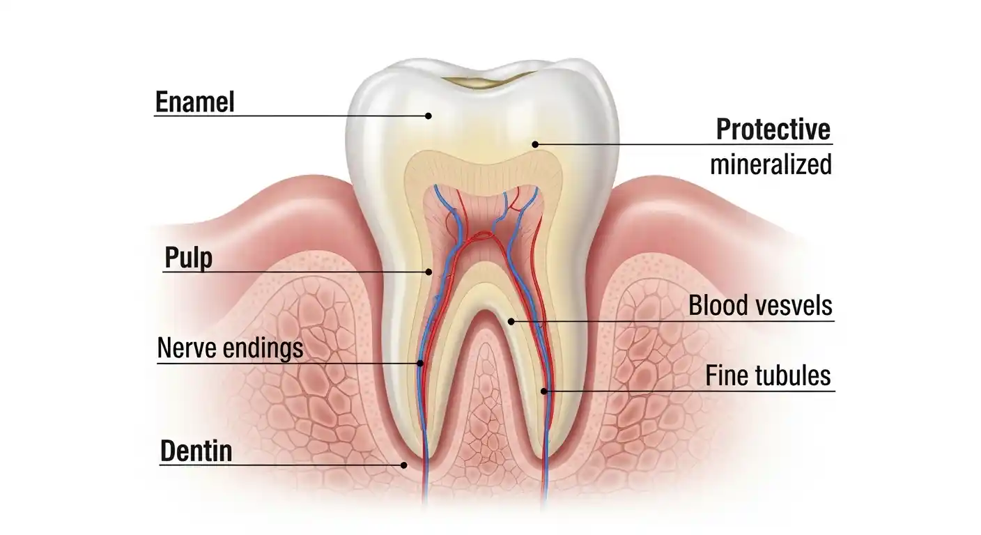 Diagram showing tooth enamel, dentin, and inner tooth structure to explain enamel protection