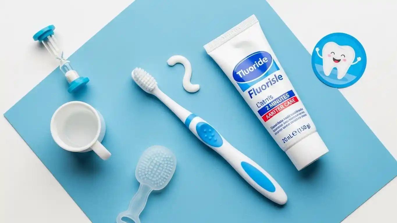 Baby dental care essentials including a soft baby toothbrush and fluoride toothpaste with a rice-grain-sized amount for infants.