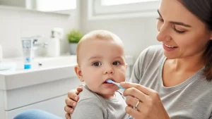 Parent gently brushing a baby’s first tooth with a soft baby toothbrush, showing when to start brushing baby teeth.