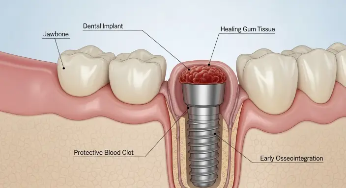 Illustration of a dental implant in the jawbone with surrounding gum tissue healing, showing early osseointegration and a protective blood clot at the surgical site.