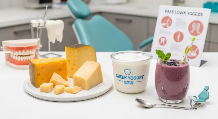 Low-risk dairy foods safe after dental implant surgery, including hard cheeses like cheddar and parmesan, plain Greek yogurt, and a plant-based smoothie in a professional dental office setting with subtle educational props.