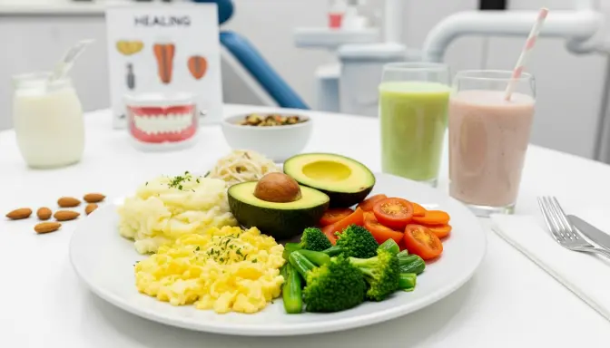 Soft, healing-friendly foods for dental implant recovery in a bright dental clinic setting, including mashed potatoes, scrambled eggs, avocado, steamed vegetables, and smoothies made with almond or oat milk.