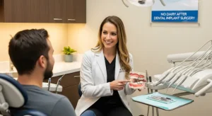 Dentist in Mesa, AZ explaining dental implant care to a smiling patient in a modern clinic, emphasizing post-surgery guidance.