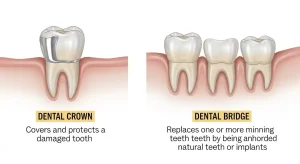 Comparison of a dental crown and a dental bridge showing differences in function and placement.