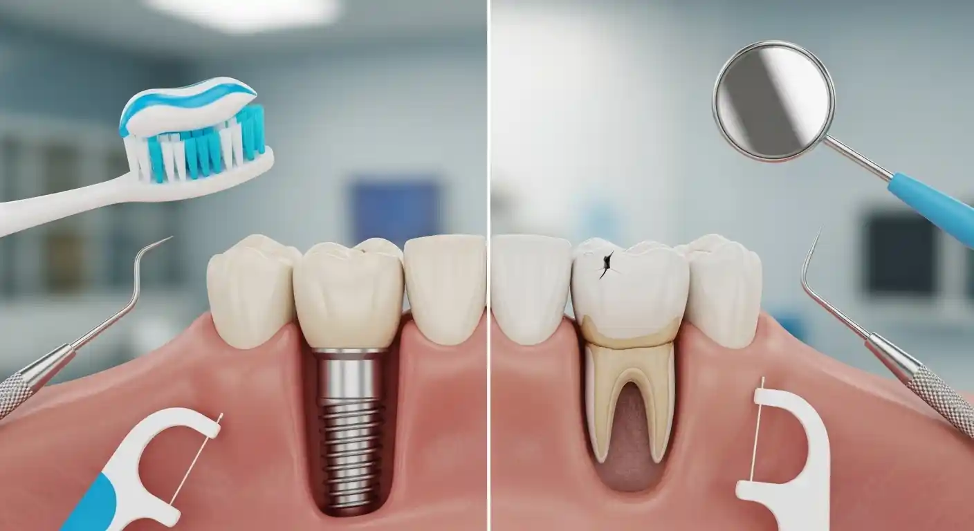 Healthy dental implant versus worn crown with toothbrush and floss illustrating implant care and longevity