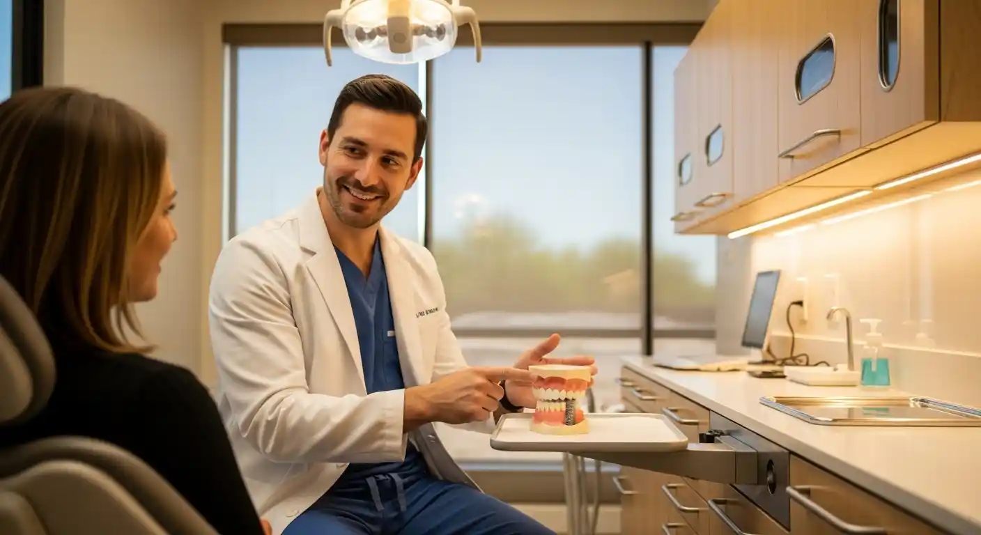 Dentist consulting a patient about dental implants at Valencia Dental Care in Mesa, AZ