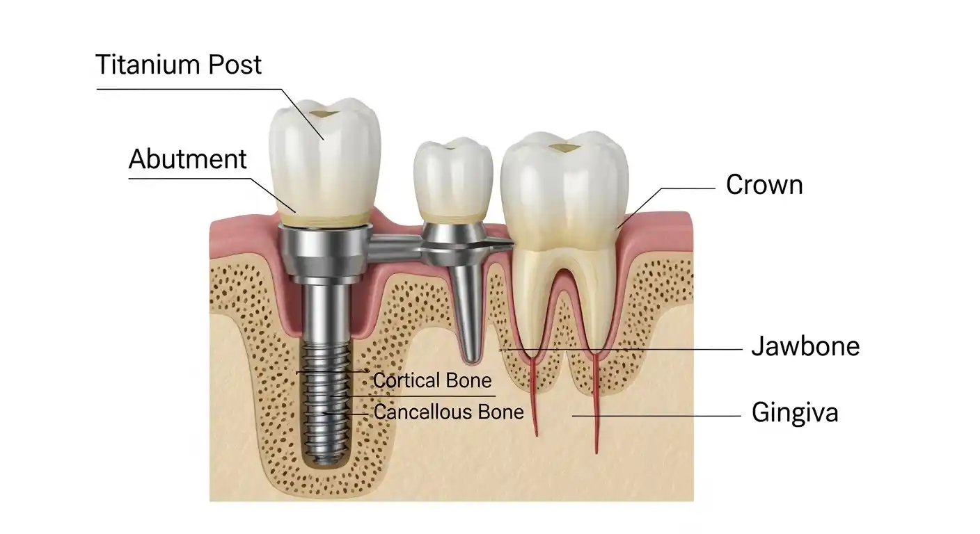 Diagram showing dental implant structure with titanium post, abutment, and crown in jawbone