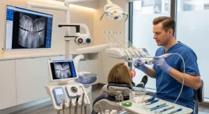Dentist using digital scans and intraoral camera to examine worn teeth.