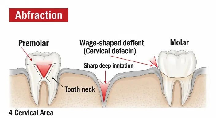 Diagram showing the four types of tooth wear: attrition, erosion, abrasion, and abfraction.