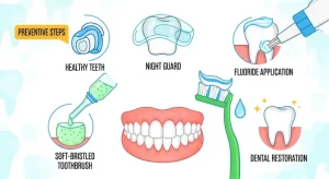 Infographic showing preventive care for worn teeth, including night guard and proper brushing.