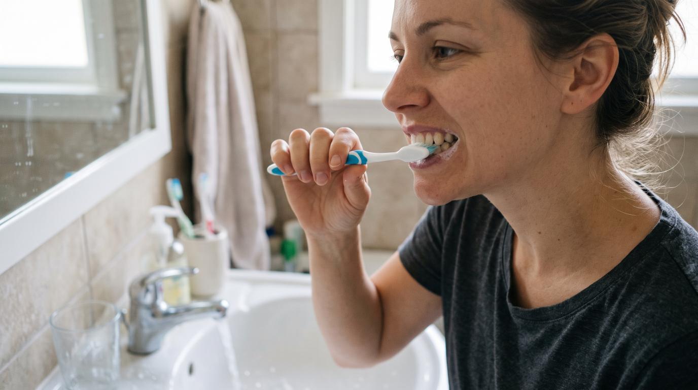 Adult brushing along the gumline to help prevent plaque buildup and gum disease