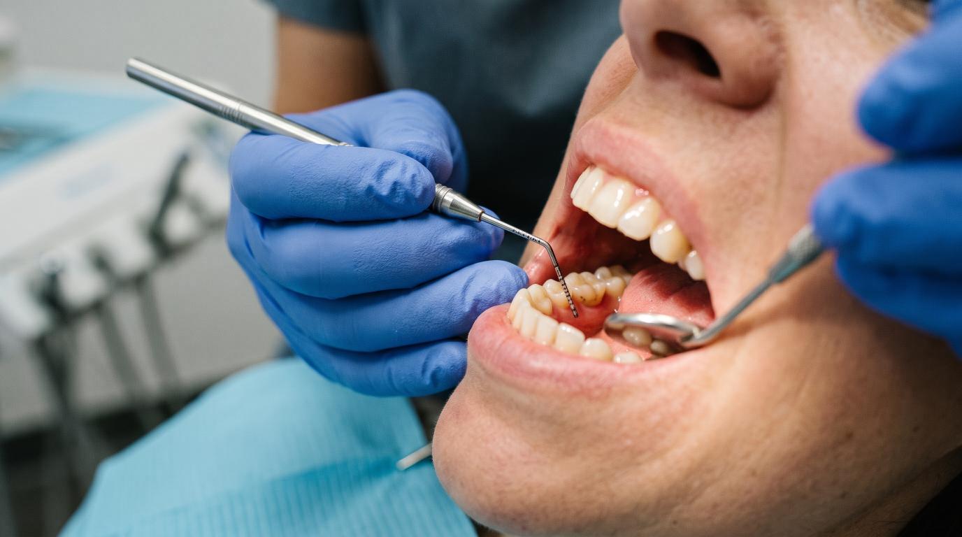 Dentist measuring gum pockets during a periodontal examination for gum disease