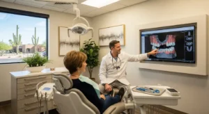 Dental implant consultation at Valencia Dental Care in Mesa AZ with dentist and patient reviewing treatment plan