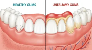 Comparison of healthy and unhealthy gums showing gum disease