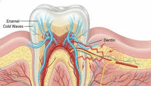 Illustration showing how cold triggers tooth sensitivity by reaching the nerve through exposed dentin in Mesa, AZ.