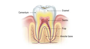 Illustration of a tooth showing enamel and yellow dentin layers, explaining why teeth appear yellow