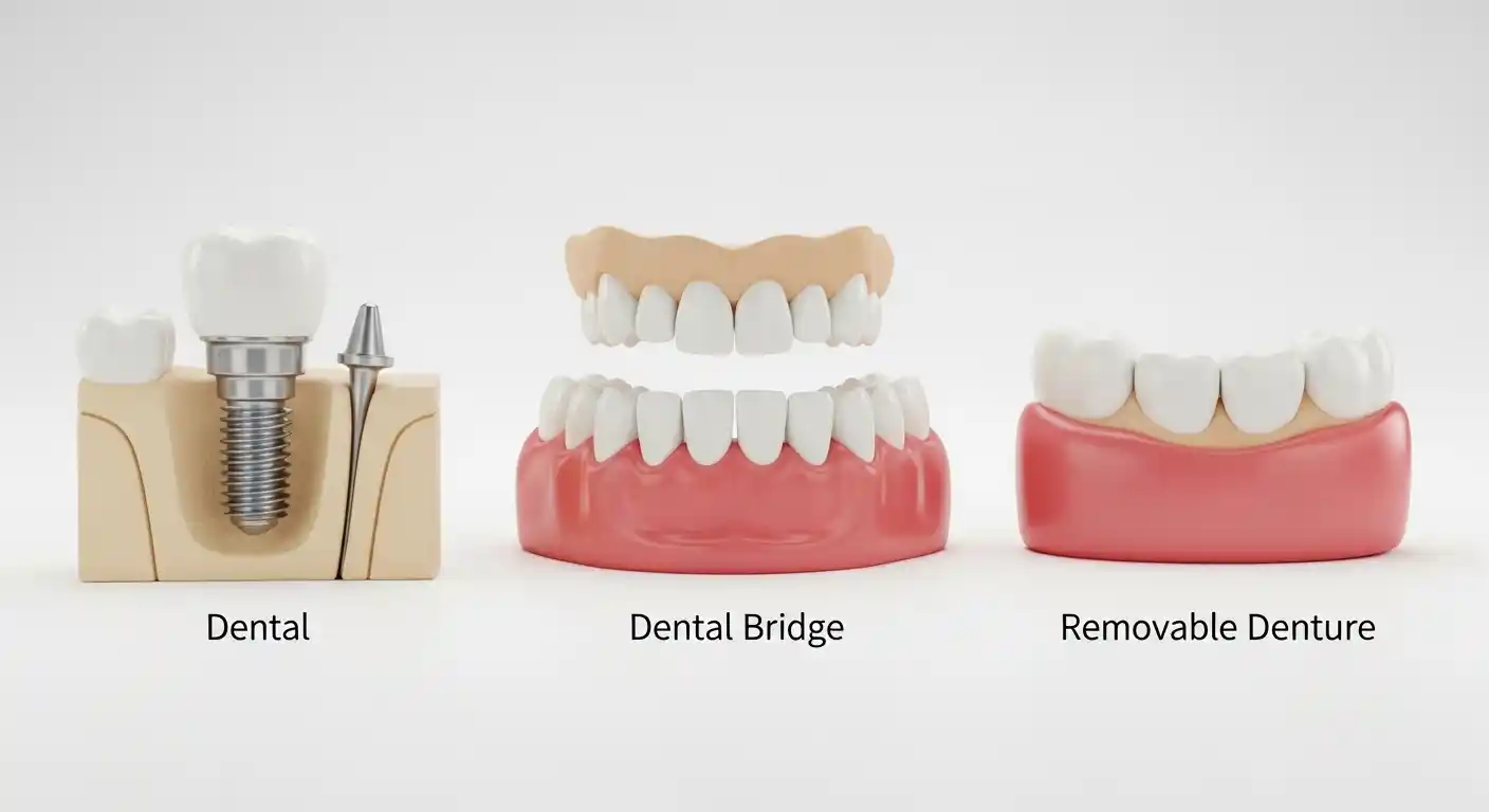 Comparison of dental implant, bridge, and denture for replacing a missing tooth in Mesa, AZ