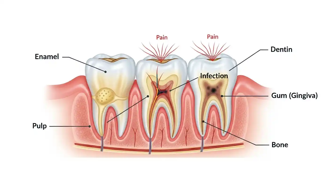 Illustration of tooth infection symptoms including swollen gums and tooth pain