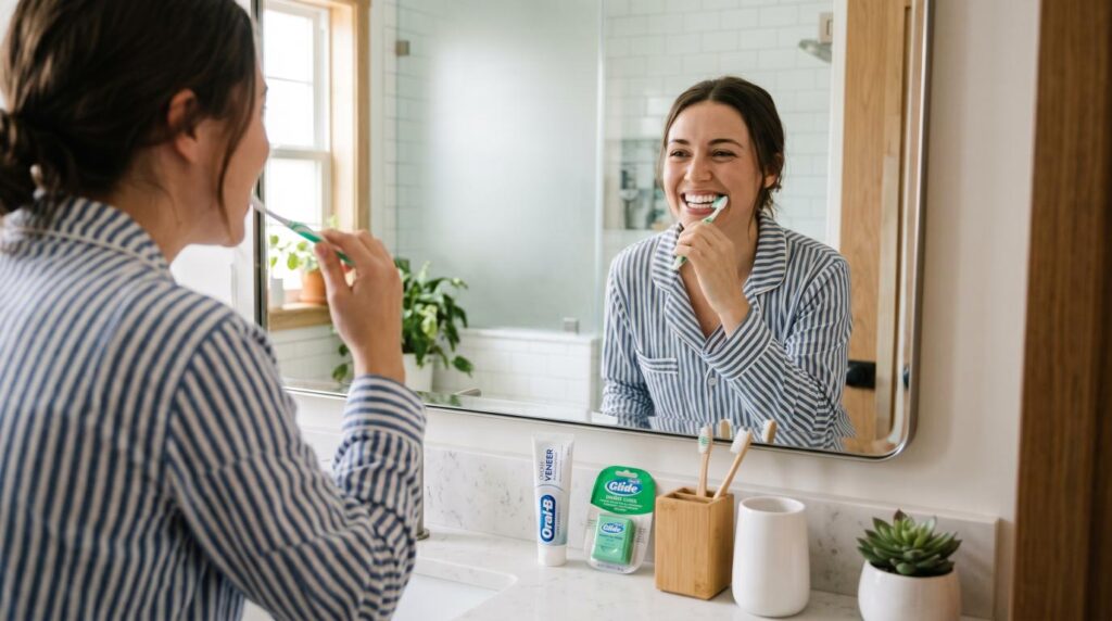 Person brushing teeth and caring for dental veneers at home.