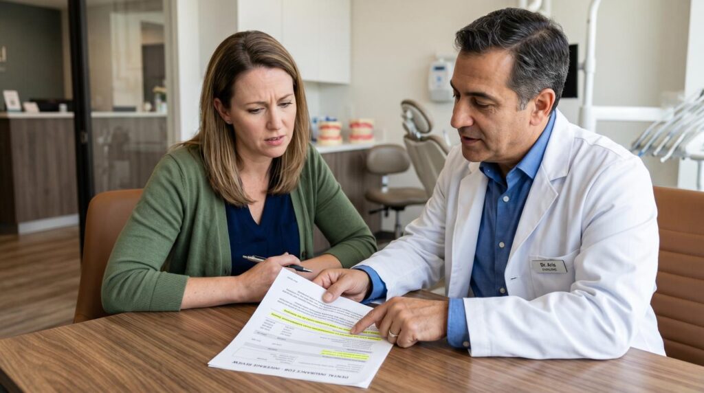 Patient learning about dental implant insurance limitations and exclusions.