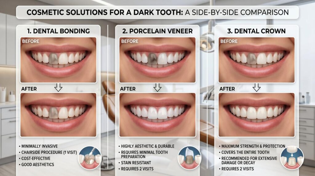 Comparison of dental bonding, porcelain veneers, and crowns used to restore a dark discoloured tooth.