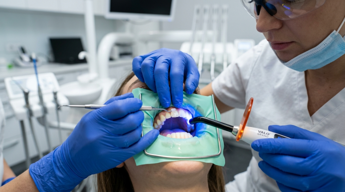 Dentist applying tooth-colored composite resin during a dental bonding procedure.