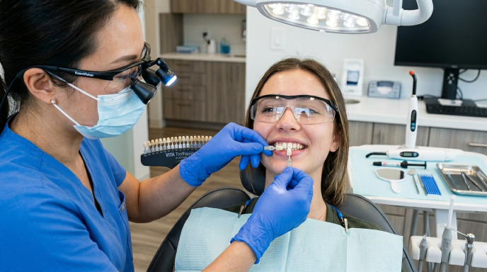 Dentist selecting a composite resin shade to match a patient’s natural teeth for bonding.