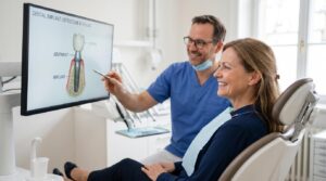 Dentist explaining long-lasting dental implants to a patient in a modern clinic.
