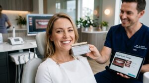 Patient showing bright natural porcelain veneers during cosmetic dental consultation.