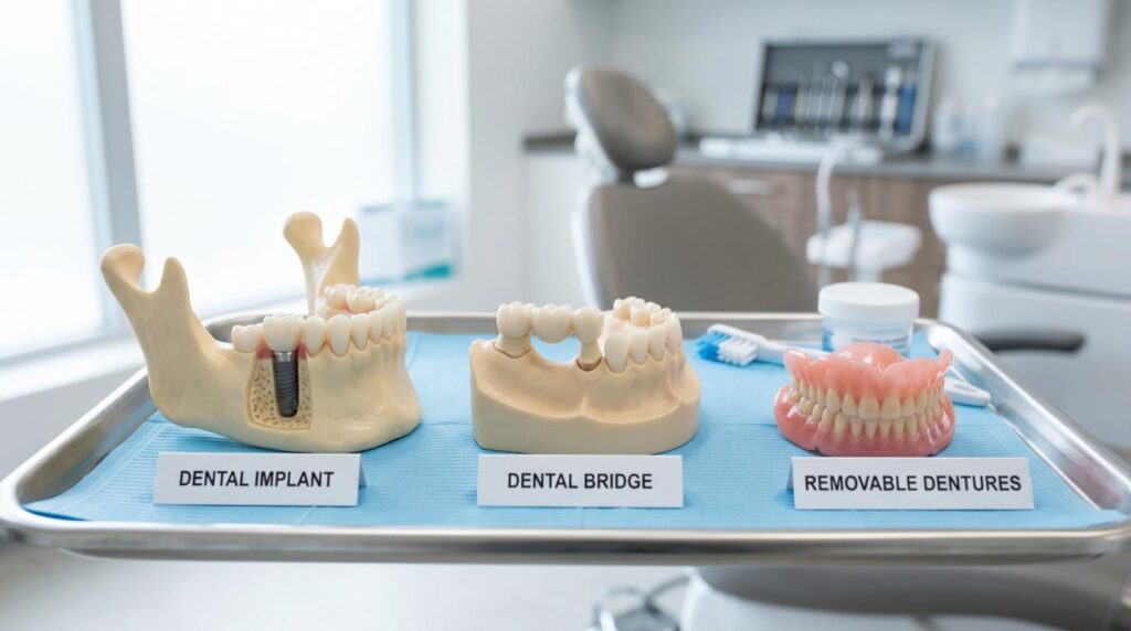 Comparison of dental implants, bridges, and dentures.