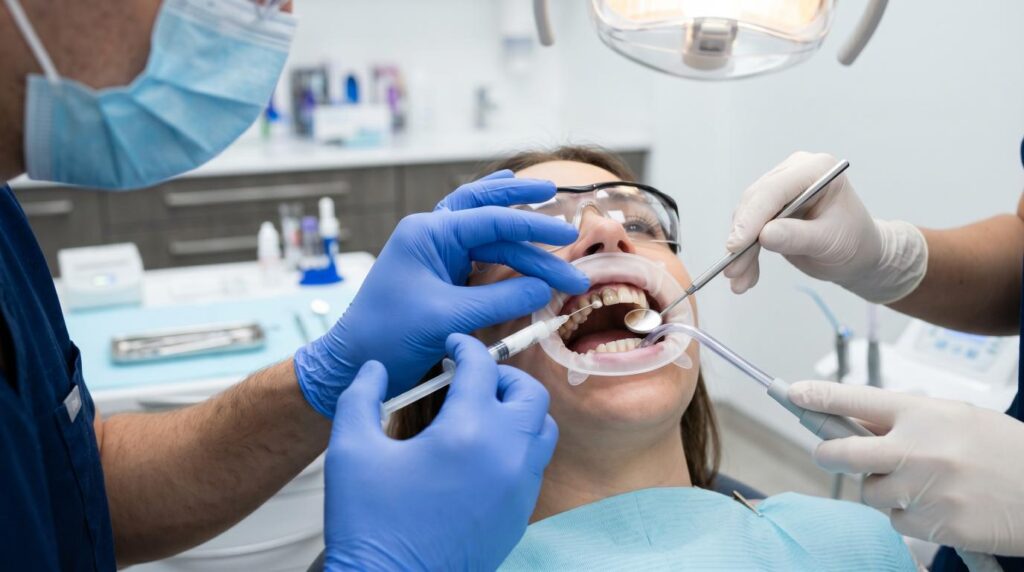 Dentist performing internal bleaching treatment on a dead discoloured tooth after root canal therapy.
