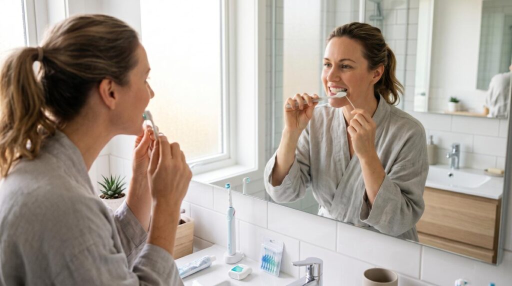 Person caring for dental implants with brushing and flossing routine.