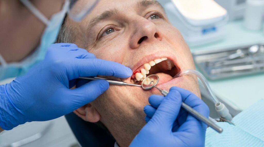 Dentist checking possible signs of dental implant failure.