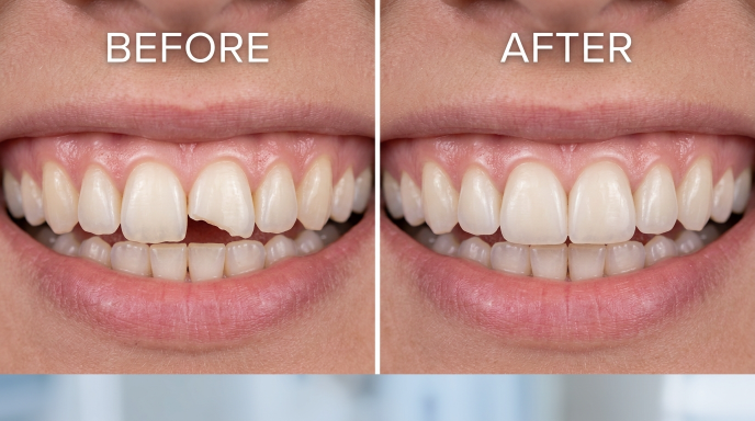 Before and after comparison showing a chipped tooth repaired with dental bonding.