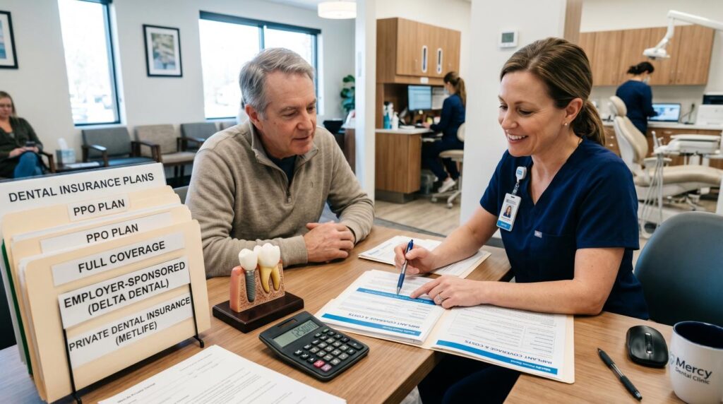 Patient reviewing dental insurance plans for implant coverage.